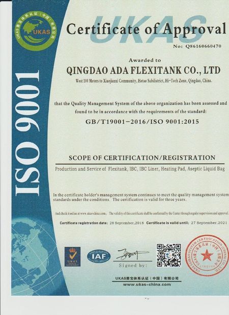 China Qingdao ADA Flexitank Co., Ltd Zertifizierungen